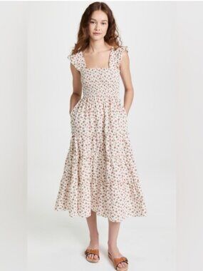 OPT Smocked Floral Midi Dress Pink Ditzy Print Tiered Dress Pockets Size L